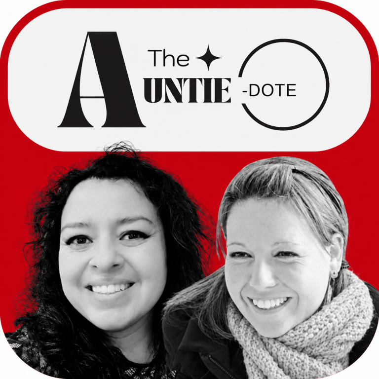 The AuntieDote logo above Angelica Bråten and Tiffany Trautman